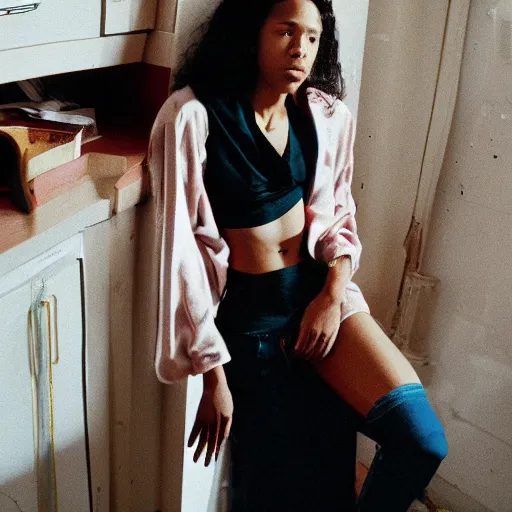 Image similar to realistic! photoshoot for a new vetements lookbook, color film photography, portrait of a beautiful woman, location in a apartment, in style of tyler mitchell, 35mm