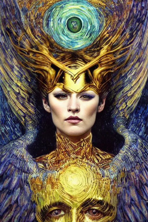 Image similar to Intermittent Chance of Chaos Muse by Karol Bak, Jean Deville, Gustav Klimt, and Vincent Van Gogh, beautiful portrait of Rebirth, Loki's Pet Project, Poe's Angel, Surreality, inspiration, imagination, muse, otherworldly, fractal structures, arcane, ornate gilded medieval icon, third eye, spirals