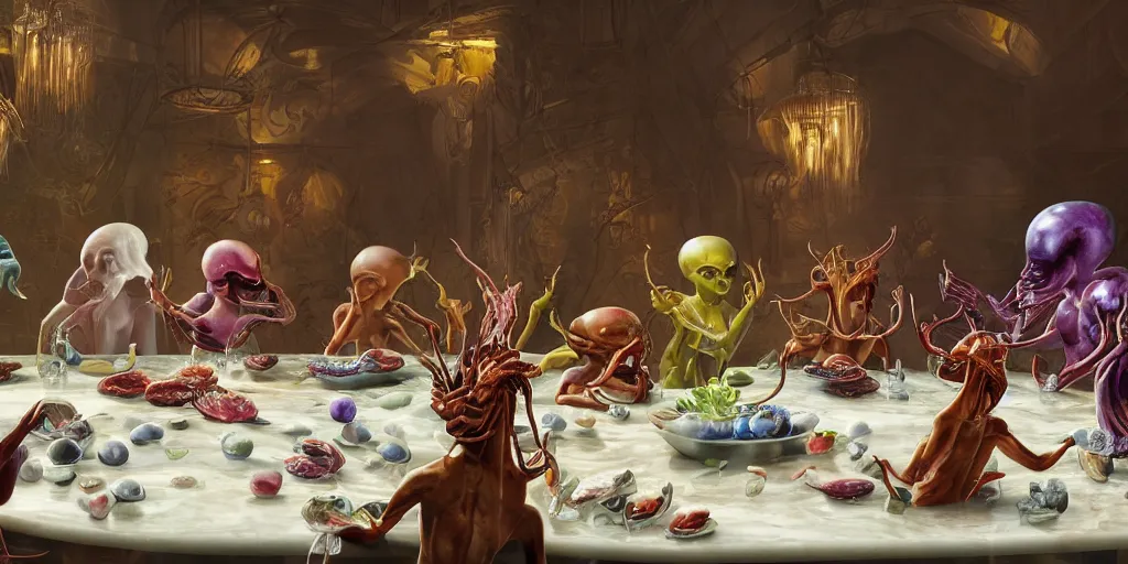 Image similar to !view from the kitchen, behind the chefs we see !13 diverse aliens enjoying a rich salad around a marble table, !positioned as last supper cinematic lighting, crystals and diamonds, fantasy, surreal, floating, highly detalied, 4k, artstation, by Wayne Barlowe