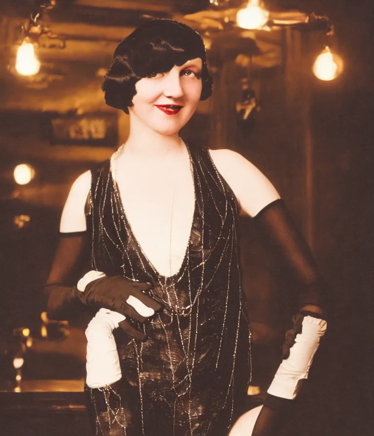 Prompt: antique colored shot of a 1 9 2 0 s short - haired flapper woman in black satin gloves looking and smirking at the camera, at a party in a dimly lit speakeasy bar, jazz age, precise, wide shot, cohesive, art deco, cinematic, low - lighting, photography