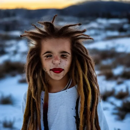 Prompt: a boy with colore hair dread, in snow, sunrise, 4 k