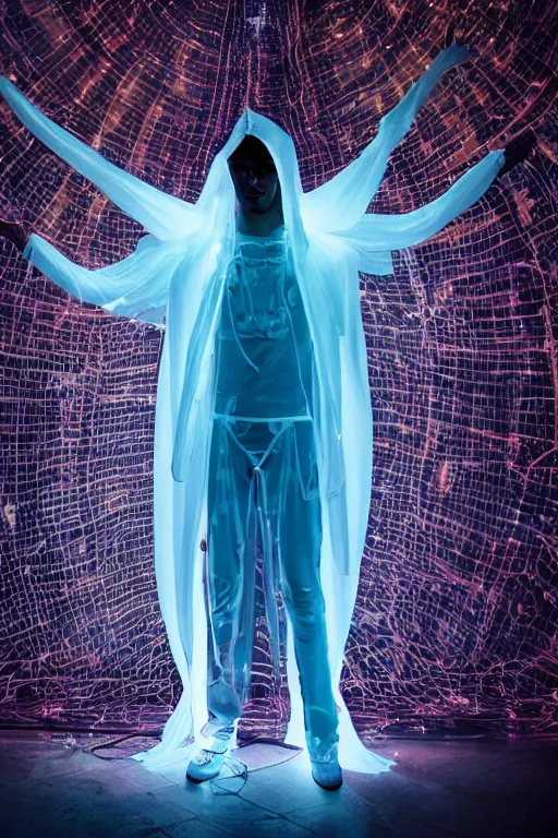 Prompt: full-body baroque and cyberpunk style neon statue of a attractive translucent Zayn Malik as a humanoid deity wearing a thin see-through plastic hooded cloak sim roupa, posing like a superhero, glowing white face, crown of white lasers, large diamonds, swirling white silk fabric. futuristic elements. oozing glowing liquid, full-length view. space robots. human skulls. throne made of bones, intricate artwork by caravaggio. Trending on artstation, octane render, cinematic lighting from the right, hyper realism, octane render, 8k, depth of field, 3D