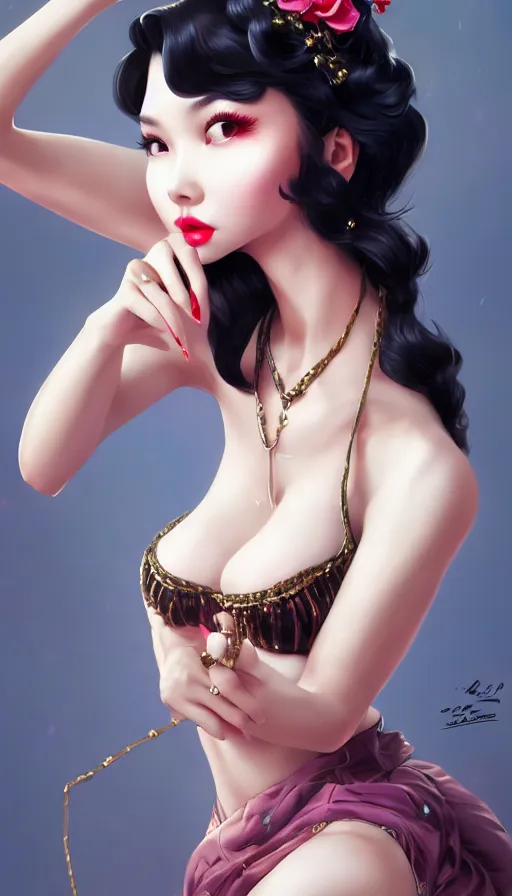 Image similar to a pin up and beautiful fashion and charming and dreamlke asian girl, lv jewelry, art by artgerm & jeehyung lee & wlop, hyperdetailed, 8 k realistic, symmetrical, frostbite 3 engine, cryengine, dof, trending on artstation, digital art