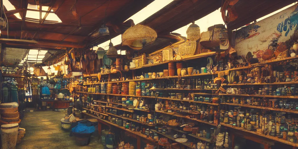 Prompt: interior of a sundry shop at pulau indah fishing village, near a jetty, half empty shelves, early morning, detailed matte painting, low angle view, telephoto lens, bokeh, studio ghibli, artstation