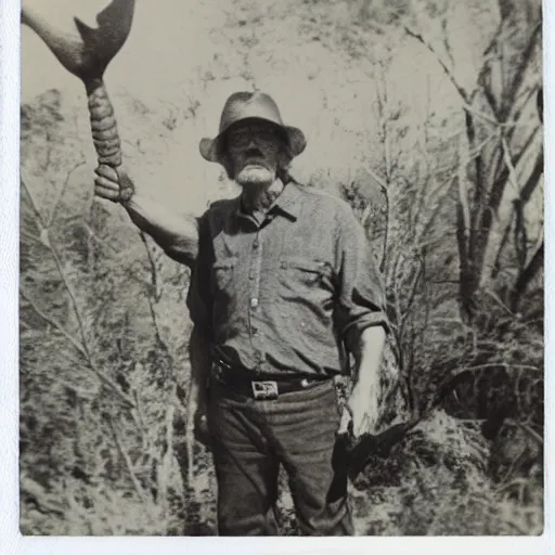 Prompt: old polaroid photo of an old man hunter standing proudly next to a triceratops corpse