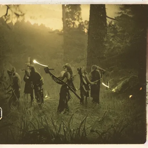 Prompt: old polaroid depicting cultists with torches, at a clearing, at dusk, green tentacles everywhere