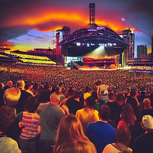 Prompt: “phish playing at the molson amphitheatre, playing giant tweezers instead of instruments, toronto skyline,8k”