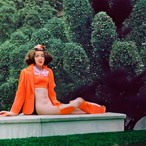 Prompt: sigma 8 5 mm f / 1. 4, monumental pale violet by slim aarons. a performance art of a young woman holding an orange