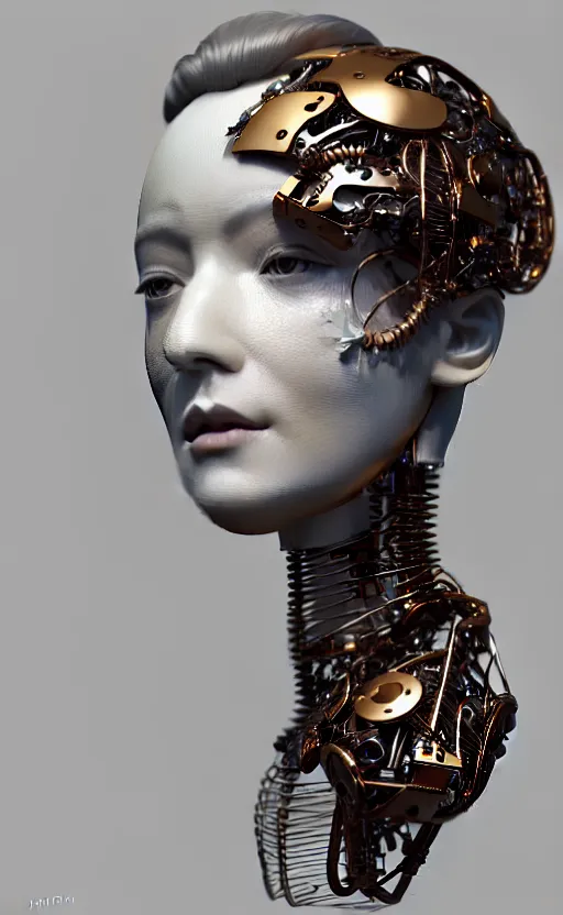 Image similar to complex 3d render ultra detailed of one single beautiful porcelain profile woman face, mechanical cyborg, 150 mm, accent lighting, beautiful studio soft light, rim light, silver gold red details, luxurious, magnolia big filigran ultra detailed leaves and stems, black roots, Alexander Mcqueen haute couture, fine foliage lace, mesh wire, filigran intricate details, hyperrealistic, mandelbrot fractal, anatomical, silver metal armor, facial muscles, cable wires, microchip, elegant, white background, beautiful white teeth, beautiful lips, octane render, H.R. Giger style, 8k