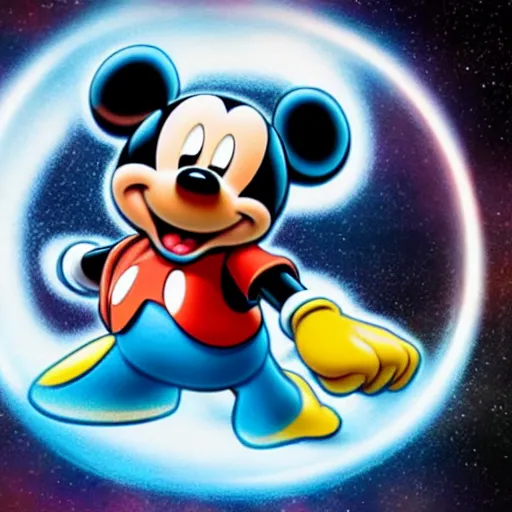 Prompt: a starry eyed mickey mouse sticking his hand through a portal into the marvel universe. on the other side other disney friends await, each dressed in their new superhero costume