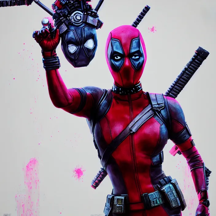 Image similar to charlize theron as lady deadpool. intricate abstract. intricate artwork. by tooth wu, wlop, beeple, dan mumford. octane render, trending on artstation, greg rutkowski very coherent symmetrical artwork. cinematic, hyper realism, high detail, octane render, 8 k, iridescent accents