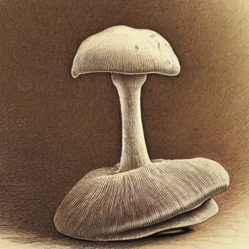 Image similar to a hybrid between a mushroom and a sofa, insanely detailed, studio light, gustav dore, colored pencil