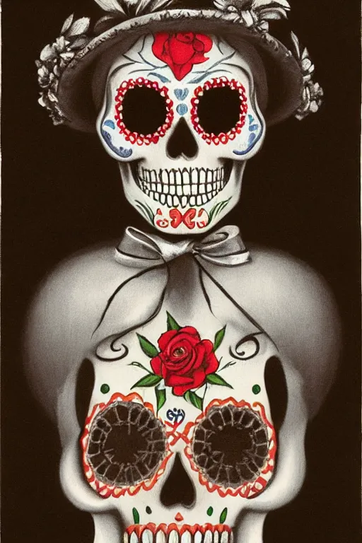 Image similar to illustration of a sugar skull day of the dead girl, art by michael sowa