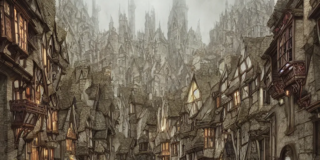 Prompt: a low - angle render of a multi - level steep gothic dickensian village, art nouveau, baroque winding cobbled streets, style of arcane, magic the gathering, misty alleyways, tiled roofs, balconies, medieval tumbledown houses, st cirq lapopie, by ian mccaig, brian froud and mucha and alan lee