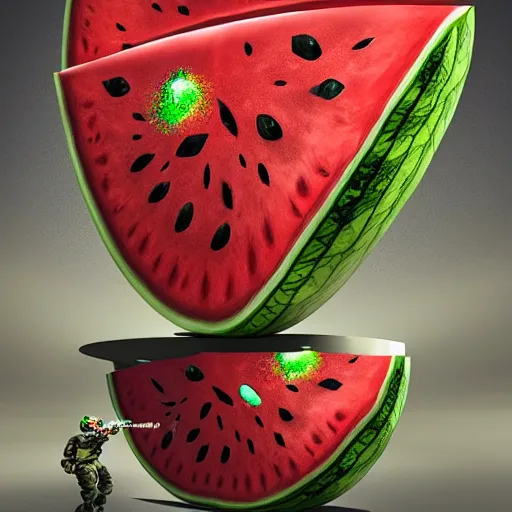 Prompt: Very very very very highly detailed sci-fi Watermelon military machine. Realistic Concept digital art in style of Hiromasa Ogura Gost in the shell, more watermelon , epic dimensional light