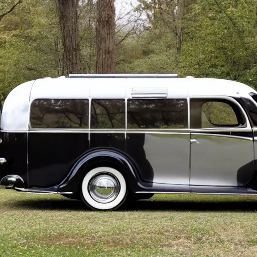 Image similar to photo of a 1 9 3 6 chrysler airstream parked at a lake