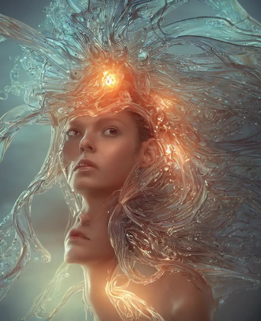 Image similar to close-up macro portrait of the face of a beautiful princess, epic angle and pose, symmetrical artwork, 3d with depth of field, blurred background, cybernetic jellyfish female face skull phoenix bird, translucent, nautilus, energy flows of water and fire. a highly detailed epic cinematic concept art CG render. made in Maya, Blender and Photoshop, octane render, excellent composition, cinematic dystopian brutalist atmosphere, dynamic dramatic cinematic lighting, aesthetic, very inspirational, arthouse. y Greg Rutkowski, Ilya Kuvshinov, WLOP, Stanley Artgerm Lau, Ruan Jia and Fenghua Zhong