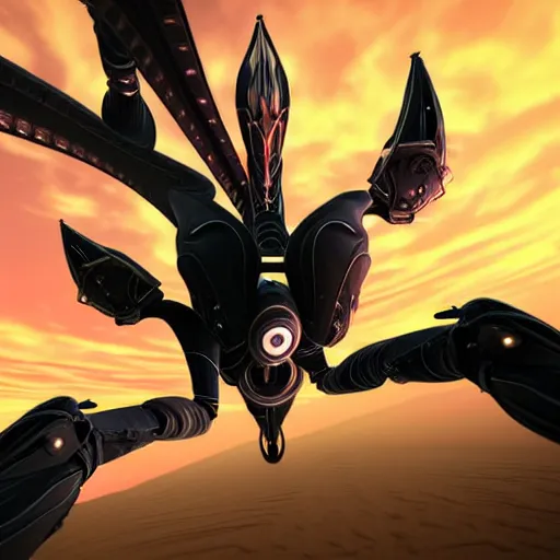 Image similar to worm's eye view from the floor, looking up, at a highly detailed 300 foot tall giant exquisite beautiful female warframe, as an anthropomorphic robot dragon, posing elegantly over your tiny form, camera looking up from the ground, at the beach on a sunset, sleek streamlined design, streamlined matte black armor, sharp detailed claws, detailed sharp robot dragon feet, giantess shot, upward shot, ground view shot, front shot, cinematic shot, high quality warframe fanart, captura, realistic, professional digital art, high end digital art, furry art, giantess art, anthro art, DeviantArt, artstation, Furaffinity, 8k HD render, epic lighting