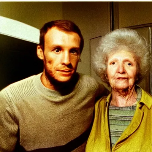 Prompt: alien is photographed with his beloved grandmother, soviet apartment, top secret style, realistic photo, 1 9 7 0 s, color