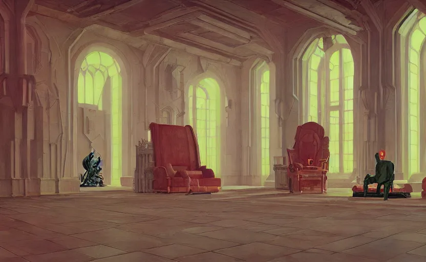 Image similar to Inside castle throne room, highly detailed, very coherent, painted by Francis Bacon and Edward Hopper, Wayne Barlowe, painted by James Gilleard, surrealism, airbrush, art by JamesJean