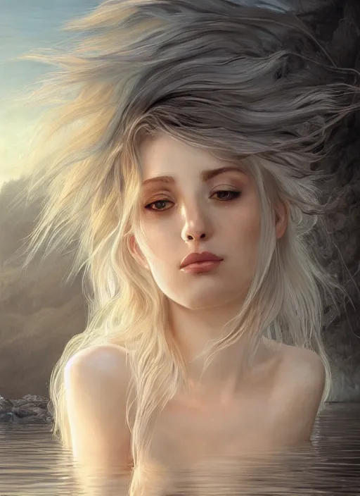 Prompt: portrait of white haired girl bathing in a river, d & d, sexy! sunset behind her head, sunset in the creek, fantasy, windy hair, flowing mist and smoke, intricate, elegant, highly detailed, digital painting, artstation, concept art, smooth, sharp focus, fog, illustration, art by artgerm and greg rutkowski and alphonse mucha