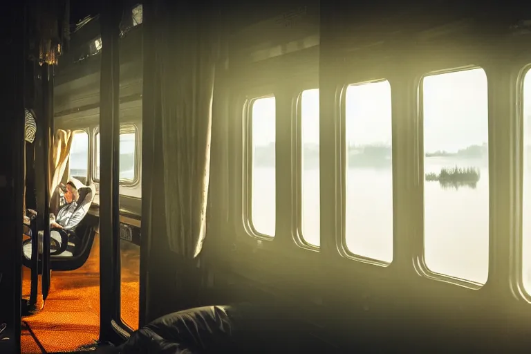 Image similar to Inside the train, some people are sitting, the train is sailing on the water, the windows are fluttering with transparent gauze curtains, the sun shines in, fog and swans over the river, indoor scene, cinematic, 8k, masterpiece, light effect, ue5, photoshop