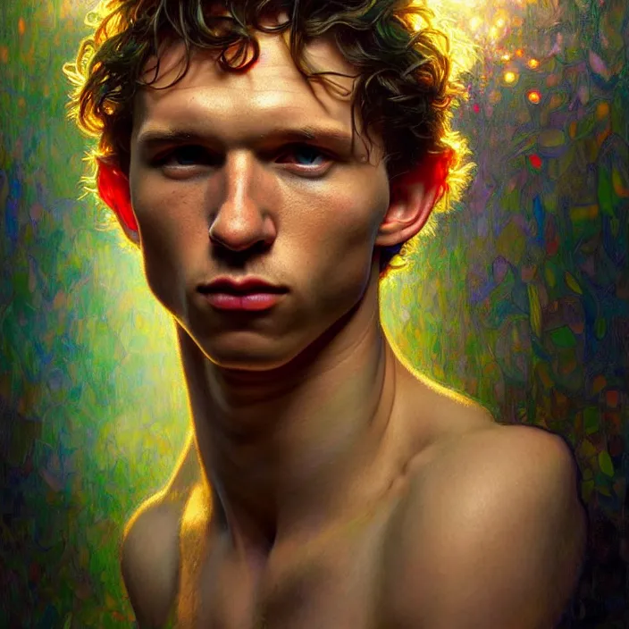 Prompt: psychedelic rainfall Tom Holland, diffuse lighting, fantasy, intricate, elegant, highly detailed, lifelike, photorealistic, digital painting, artstation, illustration, concept art, smooth, sharp focus, art by John Collier and Albert Aublet and Krenz Cushart and Artem Demura and Alphonse Mucha