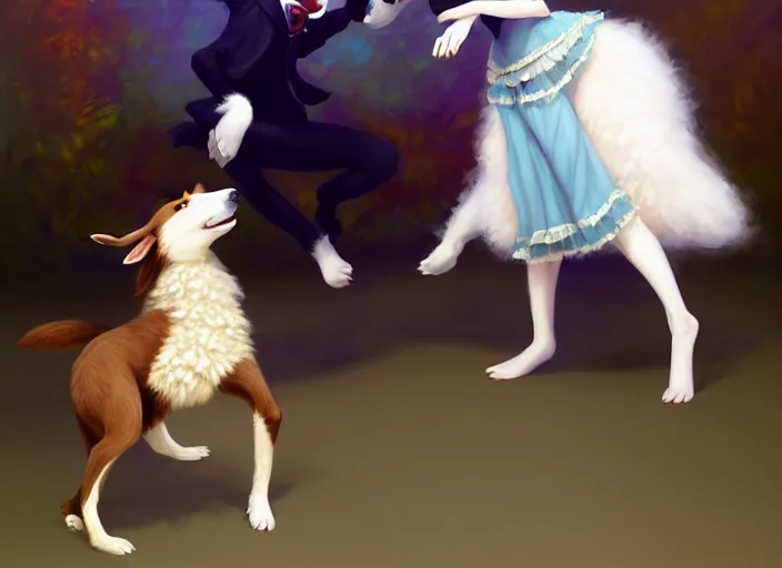 Image similar to wide shot painting of a male anthropomorphic border collie fursona dancing with a cute female anthropomorphic sheep fursona in a ballroom, beautiful, intricate, elegant, realistic proportions, highly detailed, scenic background, trending on artstation, art by charlie bowater and henry asencio and and ross tran