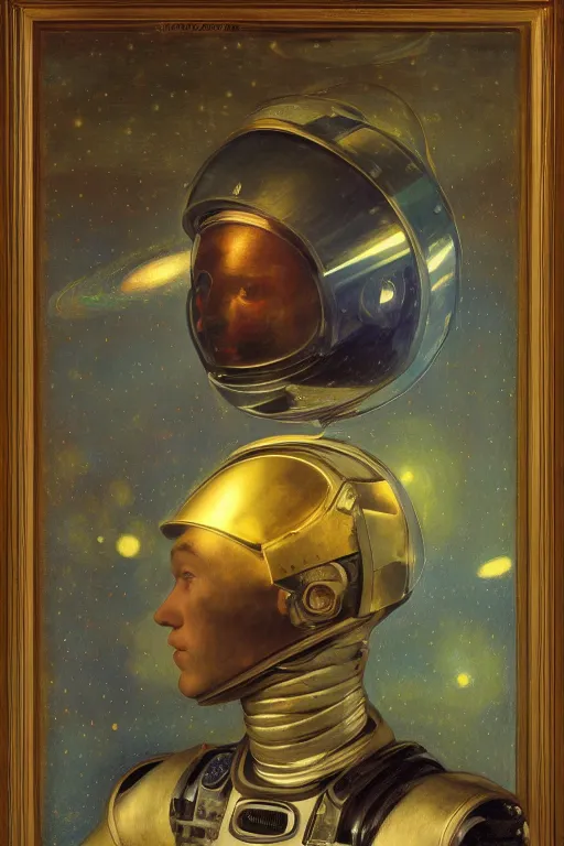 Prompt: portrait of a beautiful chrome gay male robot wearing a space helmet, reflections, mirroring, stars in space, rich clouds, warm azure tones, heavy lensflare, color bleed, film grain, depth of field, jules bastien - lepage, rudolph belarski, johfra bosschart, alexandre cabanel