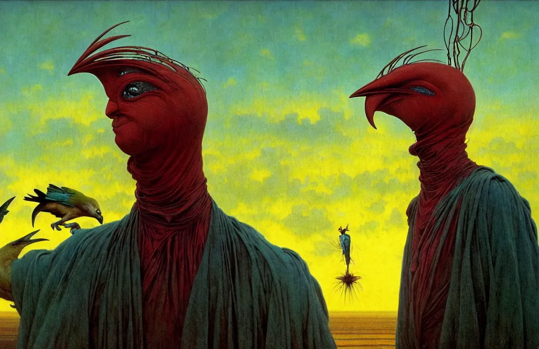 Image similar to realistic detailed portrait movie shot of a birdman wearing dark ragged robes, sci fi city sunset landscape background by denis villeneuve, amano, yves tanguy, alphonse mucha, ernst haeckel, max ernst, roger dean, masterpiece, rich moody colours, bird head, blue eyes