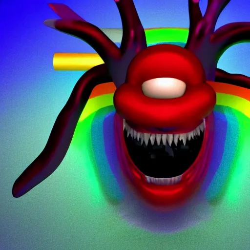 Image similar to 3 d render of a monster made of rainbows, terrifying, beautiful, cringe