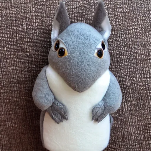 Prompt: super soft plushie of a grey squirrel. in a razor blade box.