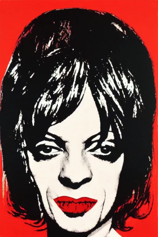 Prompt: mia wallace from pulp fiction painted by andy warhol