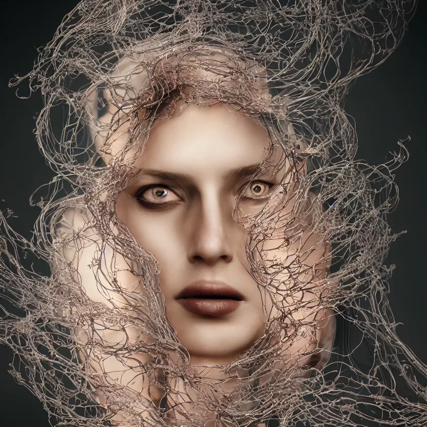 Prompt: portrait of a beautiful woman entangled in fleshy translucent tendrils, chaotic ferrofluids, occult, photography by annie leibovitz, octane render, glow, dramatic lighting, intricate fine ornaments, translucency, lighting 8k, cinematic, blur, shallow depth of field, neuro web, plasma