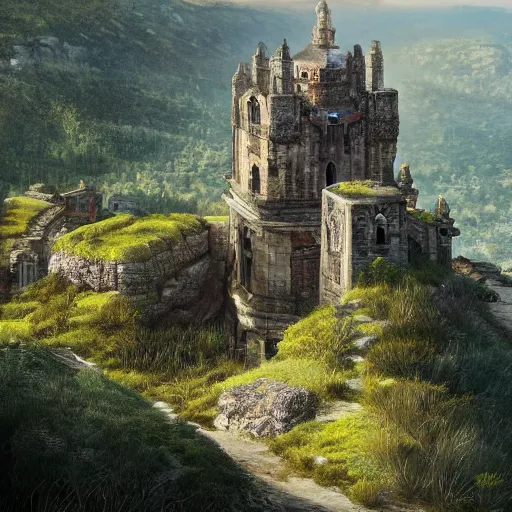 Prompt: ancient tower in top of lush mountain overlooking a valley with large medieval baroque city, mythical ambiance, sharp focus, highly detailed, cgsociety
