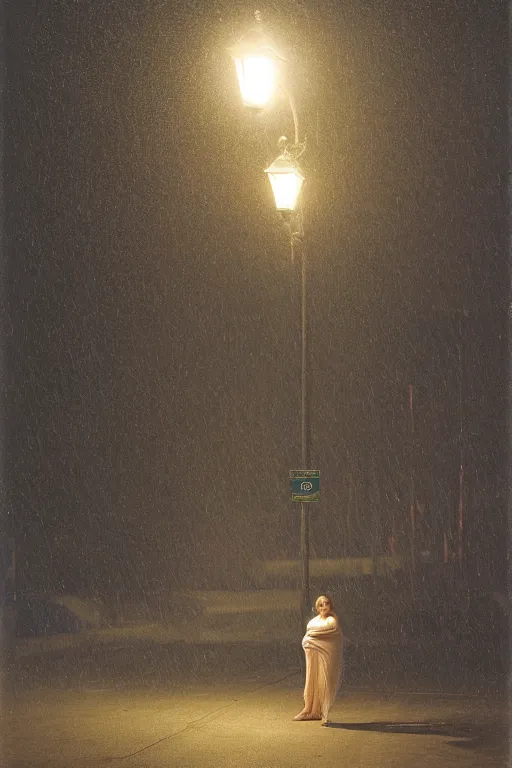 Image similar to pregnant woman under street light, nothern russia, by Alyssa Monks, Bouguereau