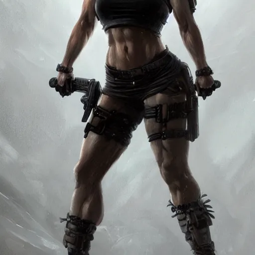 Image similar to lara croft as a female bodybuilder goth girl, fantasy, intricate, elegant, highly detailed, digital painting, artstation, concept art, matte, sharp focus, illustration, art by aenaluck and roberto ferri and greg rutkowski, epic fantasy, digital painting