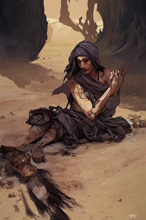 Image similar to a full body portrait of a beautiful post apocalyptic offworld desert bedouin blind barbarian leper laying by the roadside, begging, intricate, elegant, highly detailed, digital painting, artstation, concept art, smooth, sharp focus, illustration, art by krenz cushart and artem demura and alphonse mucha