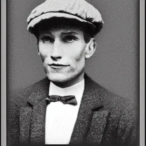 Image similar to A photograph portrait of Jerma985 wearing a newsboy cap in the early 1900s, taken in the early 1900s, grainy, taken on a early 1900s Kodak Camera, realistic, hyperrealistic, very realistic, highly detailed, very detailed, extremely detailed, detailed, digital art, trending on artstation