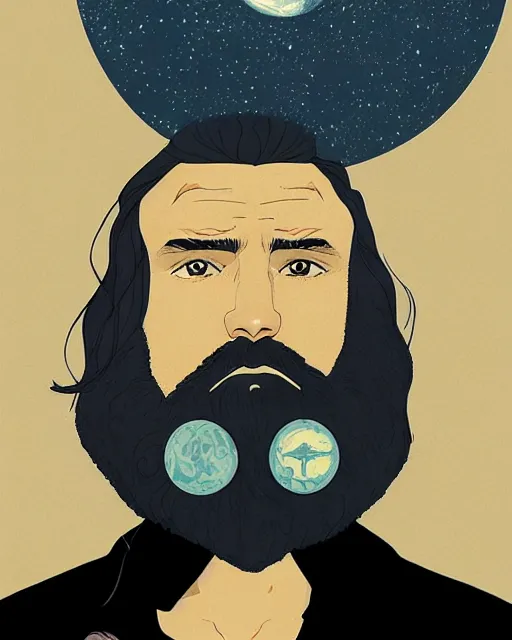 Image similar to portrait of an unkle blue moon with long black hair and beard, by tomer hanuka