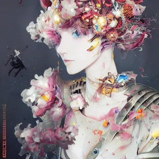 Image similar to surreal gouache painting, by yoshitaka amano, by ruan jia, by conrad roset, by good smile company, detailed anime 3 d render of a female mechanical android head with flowers growing out, portrait and white background, cgsociety, artstation, rococo mechanical costume and grand headpiece, dieselpunk atmosphere