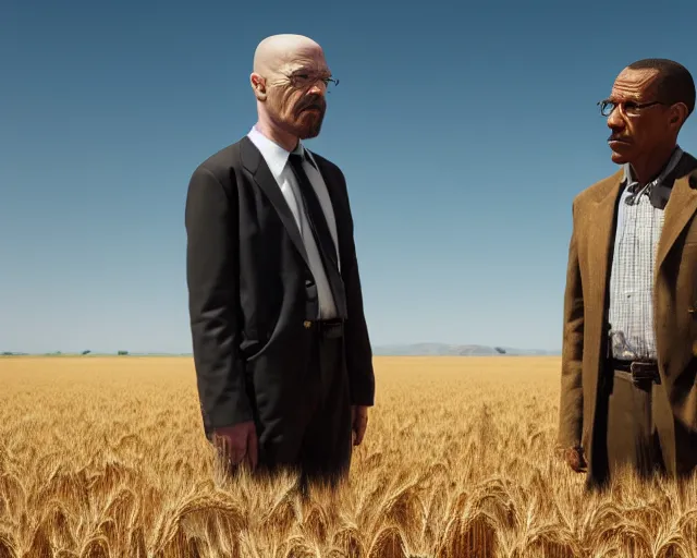 Image similar to a long shot of walter white and gustavo fring stand facing each other from a distance in a wheat field, side view, 3 5 mm photograph, 8 k resolution, wide shot, sharp lens