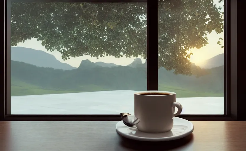 Image similar to a cup of coffee on a cafe table near a window with view to the sunrise, concept art, octane render, unreal engine 5, trending on artstation, high quality, highly detailed, path traced, high coherence, hyperrealistic, godrays, serene scene, soft lighting, macro photo