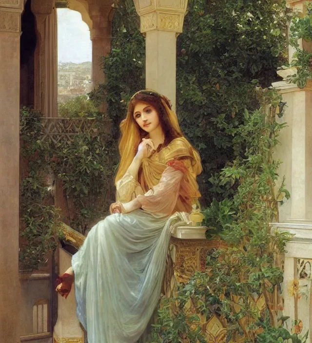 Image similar to intricate oil painting of a pretty young arabian princess on her palace balcony, looking out over her garden, elegant, digital painting, sharp focus, illustration, ultra realistic, 8 k, by bouguereau, alphonse mucha, edmund dulac