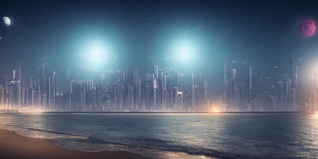 Image similar to a high detail photograph night time at a beach, cyberpunk city at night in the distance, two moons in the sky, realism, 8 k, award winning photograph