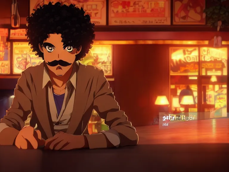 Image similar to close - up anime still of ( ( charming!!!!! latino middle - aged anime protagonist with curly afro and moustache!!! tilting his head charmingly ) late night in an anime bar, cozy lights, detailed orange atmosphere. cinematic rim lighting, global illumination, trending on artstation, hypdertailed, perfect shading, dreamy, masterpiece