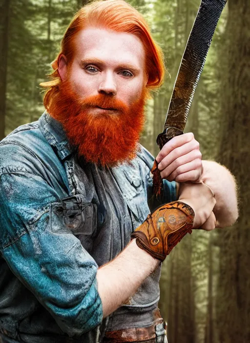 Image similar to grungy redhead 30-something scruffy bearded shoulder-length hair swordsman holding a short curved sword in a ultradetailed pacific northwest redcedar forest, smooth. sharp focus, grunge dingy matte painting detailed,