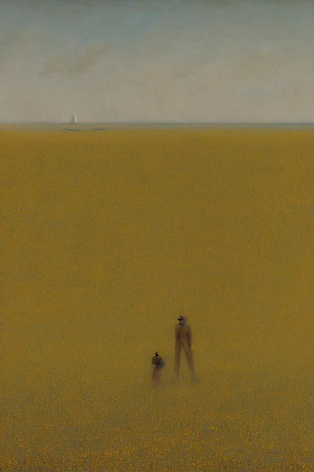 Prompt: painting of the back view of a humanoid robot, standing far away in the vast yellow wheat fields, looking at many gargantuan tall buildings located around the middle of the painting in the distant mirage by Ivan Aivazovsky