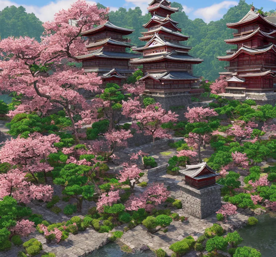 Image similar to realistic japan castle + sakura, pixel art, unreal engine 5, wallpaper, 8 k, ultra detailed, realistic photo, artstation