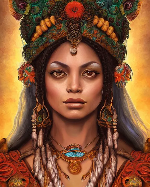 Prompt: digital painting of ixchel, mayan goddess of fertility by filipe pagliuso and justin gerard, symmetric, fantasy, highly detailed, realistic, intricate, portrait, sharp focus, tarot card